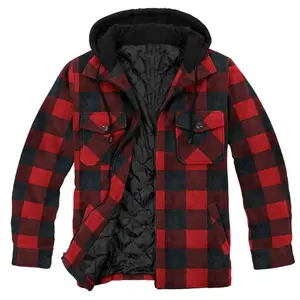 Men's Fleece Hooded Zip Front Plaid Shirt Jacket Red XL