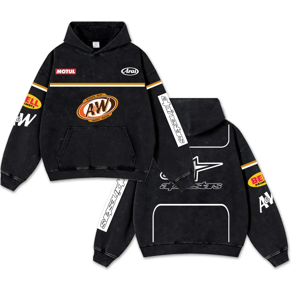 Retro A&W Root Beer Racing Washed Hoodie MotorGP World Champion Enthusiast Apparel Streetwear Racing Team Super Motorsports Clothing Motobike Riders Supermotor Off-Road Dirt Bike Fan Gear Cotton For Motor Fan