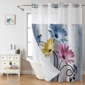 3D Digital Printing Blue Daisy Double Layer Shower Curtain Polyester Waterproof and Mildew Proof Bathroom Partition Curtain
