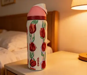 Owala 32oz Insulated Water Bottle Tulip Print Leak-Proof 24hr Cold Retention Portable Straw Tumbler for Hiking Travel Drinkware Flasks - Bottled, Mug