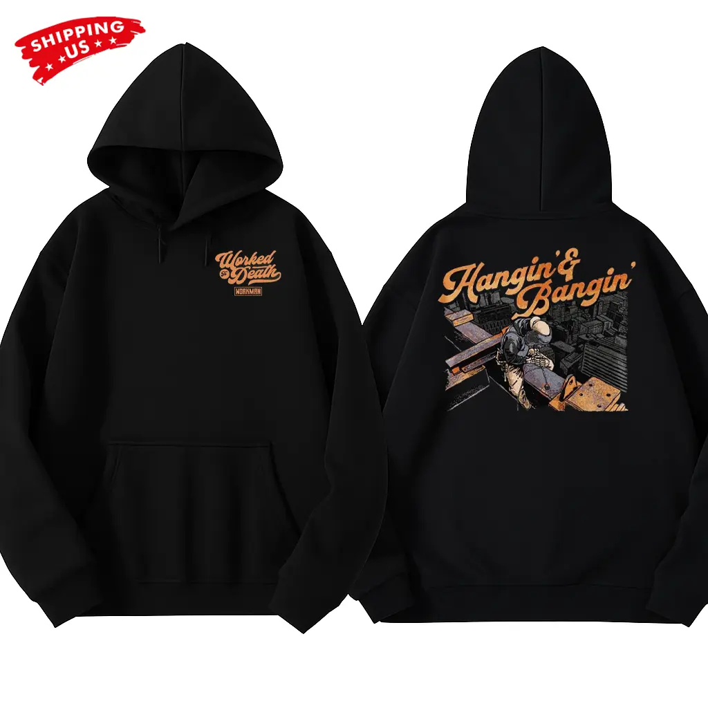 Hangin’ & Bangin’ Hoodie, Ironworker Construction Graphic Hoodie, Workman Blue Collar Hoodie for Steel Workers & High Rise Builders, Gift for Construction Workers