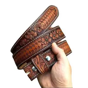 Handmade Men's Western Belt Genuine Full Grain Leather Heavy Duty Without Buckle Embossed Belt Cowboy Handmade Strap Snap-On Belt Strap