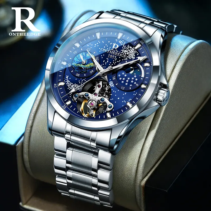 ONTHEEDGE Men's Automatic Mechanical Male Watch - Luxury Blue Dial, Open Heart Tourbillon Look Design, Stainless Steel Bracelet Dress Wear Watch