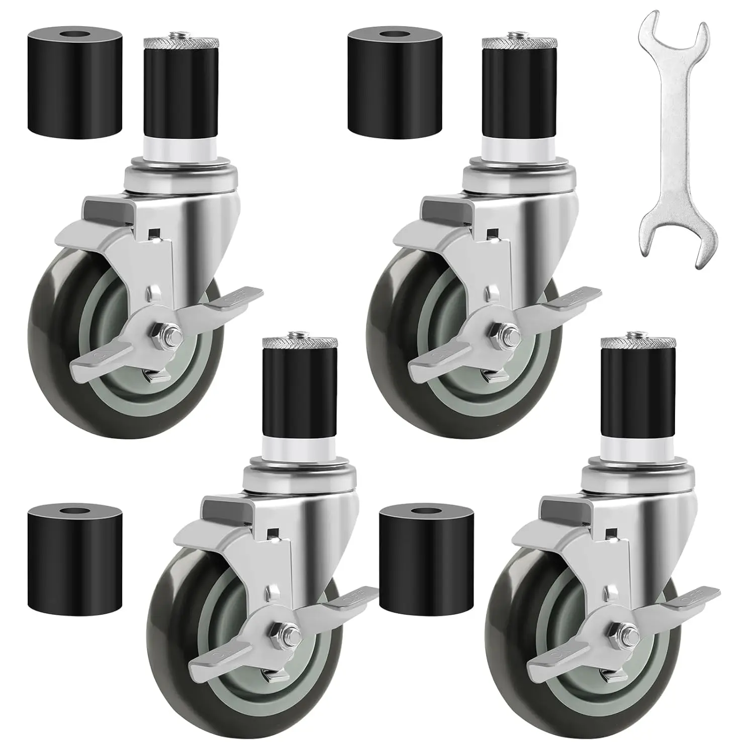 4 inches Prep Table Wheels Set of 4, 1-1/2" and 1-5/8" Expanding Stem Caster with Side  for Stainless Steel Table, Cart, Furniture , Commercial Kitchen Appliances, Workbench