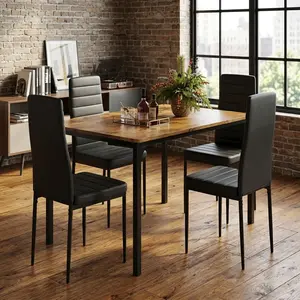 5 Piece Retro Wood Dining Table Set, Rectangular Solid Wood Dinner Table with 4 Ergonomic PU Leather Upholstered Chairs, Stable Steel Frame Space Saving Dining Furniture, Modern European Style for Home Kitchen Living Room Small Apartment Daily Use