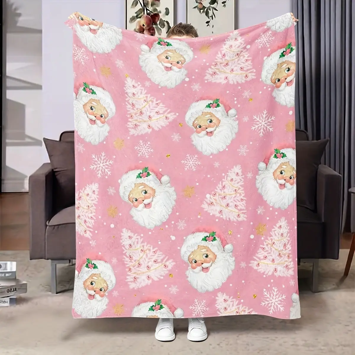 Pink Christmas Fleece Throw Blanket - Cozy, Santa & Merry Christmas Tree Print, Machine-Wash, All-Season Decor for Sofa, Bedroom, Ideal All-Season Gift for Family