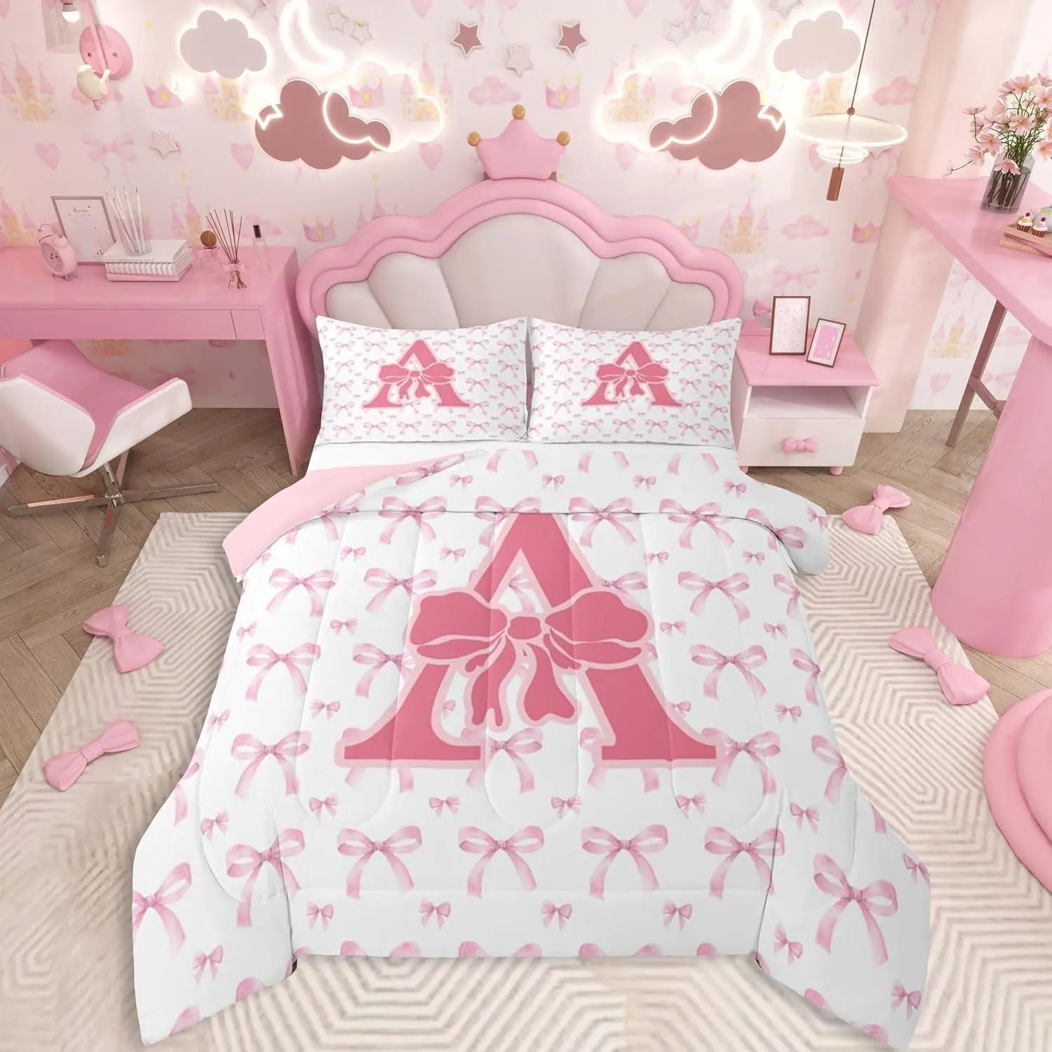 Pink Bowknot Comforter Set All Season Initial A Bedding Set Coquette Bows Microfiber Bedclothes Monogrammed Bedroom Decor Duvet Quilt Breathable Soft Lightweight