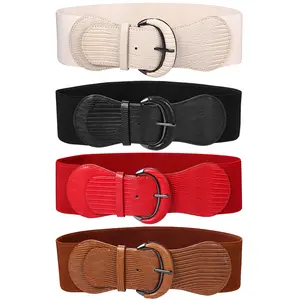OIDEA Women's Wide Elastic PU Faux Corset Belt - Adjust-Fit, Expandable Buckle Belt for Dresses, Waist Size 25"-37", Adjust-Fit Women's Belts, Buckle Women's Belts