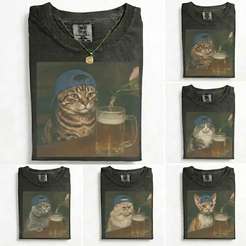 Comfort Colors 50+ Cat Breeds Available Beer Shirt, Vintage 90s Funny Edgy Cat Meme Tee, Unisex Fit Design, Casual Streetwear, Gift for Cat Lovers - AMBER
