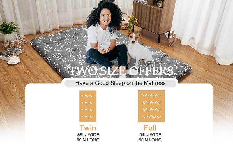 Garvee Twin Size Floral Pattern Japanese Futon Mattress for Adults, Ideal for Guest Rooms, Floor Sleeping, Camping, and Roll-Up Convenience