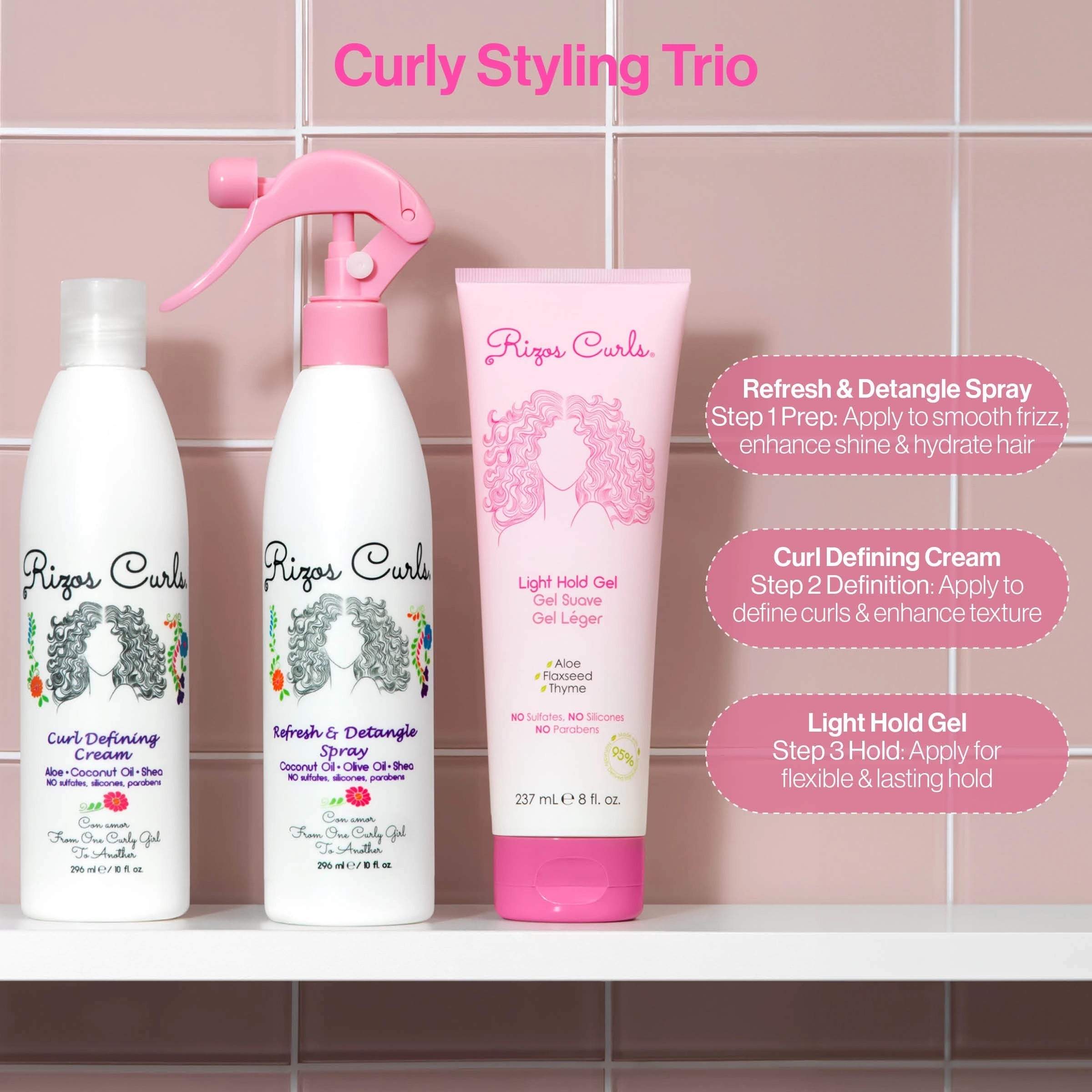 Rizos Curls Styling Starter Kit: Detangle Spray, Curl Defining Cream & Light Hold Gel for Moisturized Curls