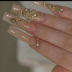 24 pieces long coffin press on nails with rhinestones and butterfly