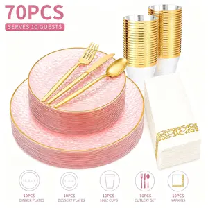 10 Sets 70pcs Hammered Gold Edge Cutlery Set, High-End Party Plates Cups Napkins Forks Spoons, Birthday Wedding Baby Shower Picnic Decorations