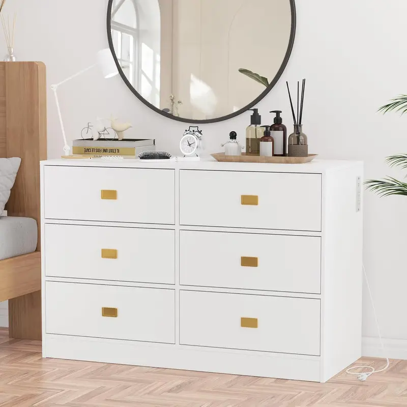 White 6-Drawer Nursery Changing Table Dresser - Built-In Drawers Wood Storage Dresser Chest, Sturdy MDF Wood, Removable Top, Changing Pad, Built-In Power Outlets, Anti-Tip Kit, Easy Assembly Required for Baby Organization, Drawer Chest