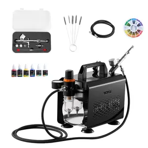 VEVOR Airbrush Kit, 1/6 HP, Air Brush Kit with Air Compressor, 1 Dual-Action Professional Airbrush with 3 Tips, Hose, Acrylic Paint, Brush, Low Noise, for Cake Decorating, Model Painting, Nail Art