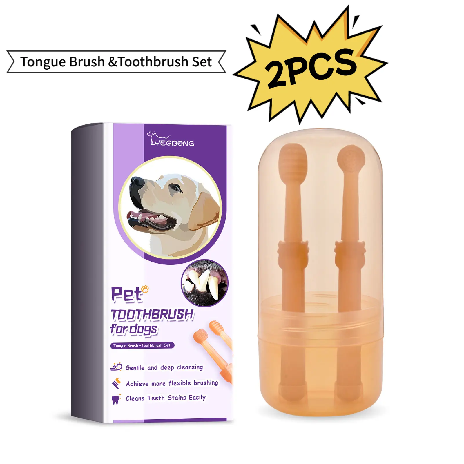 2-Pack Yegbong Pet Tongue Toothbrush Set Oral Cleaning Stain & Tartar Removal Oral Health Care for Pets