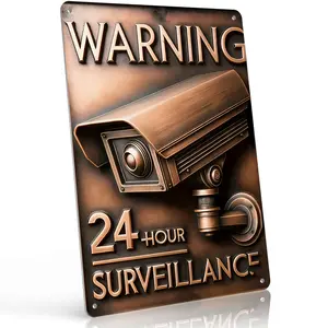 8x12 Inch Aluminum "24-Hour Surveillance" Metal Sign – Bold Retro Security Wall Art for Yard, Garage & Business. 3D Copper Style, Durable & High-Visibility. Great for Deterring Trespassers & Adding Industrial Decor.