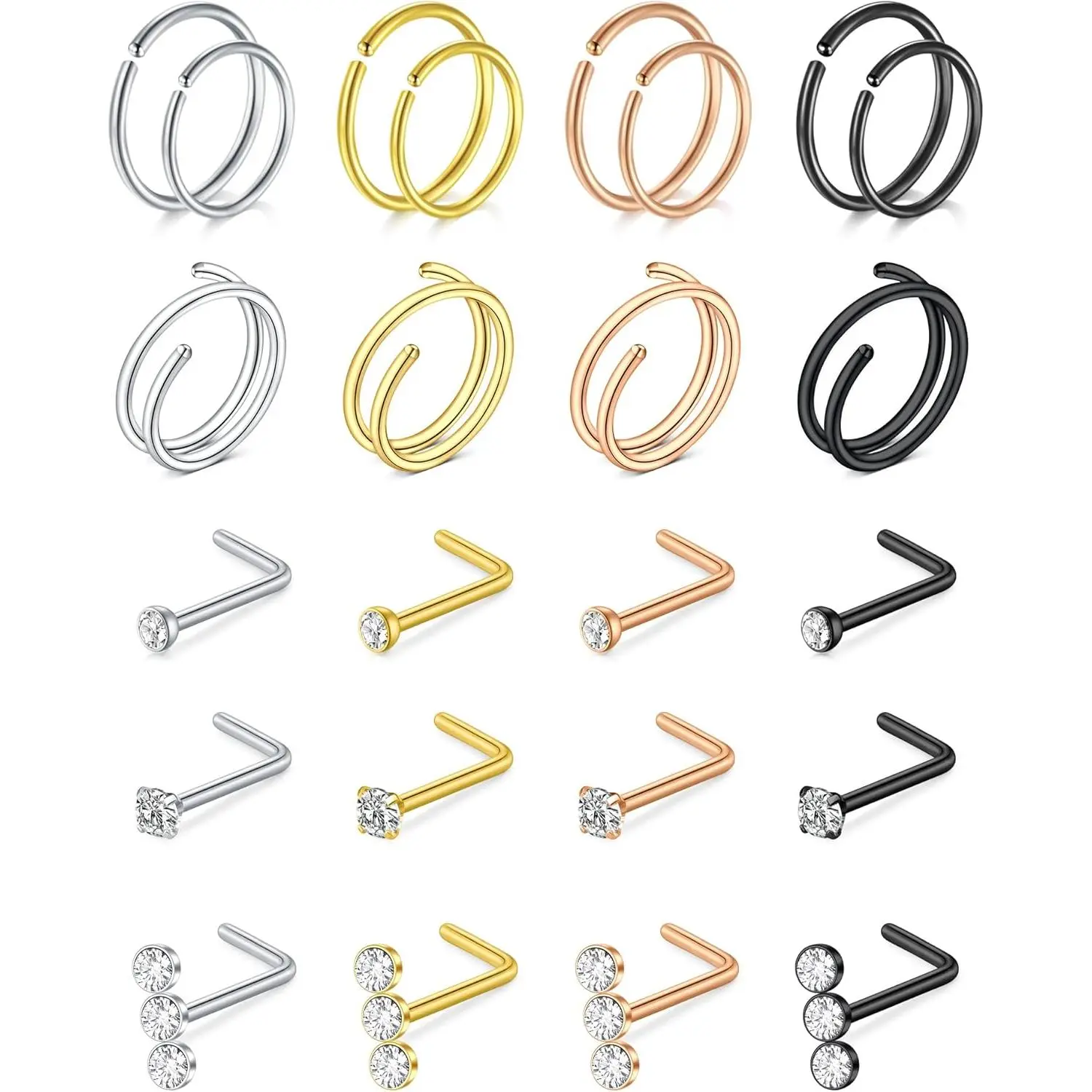 Nose Rings Hoops Nose Ring L Shaped Nose Rings Studs Silver Gold Nose Hoops Nose Piercings Jewelry 20g 22g Nose Screw Studs Surgical Stainless Steel Corkscrew Nose Rings for Women Men