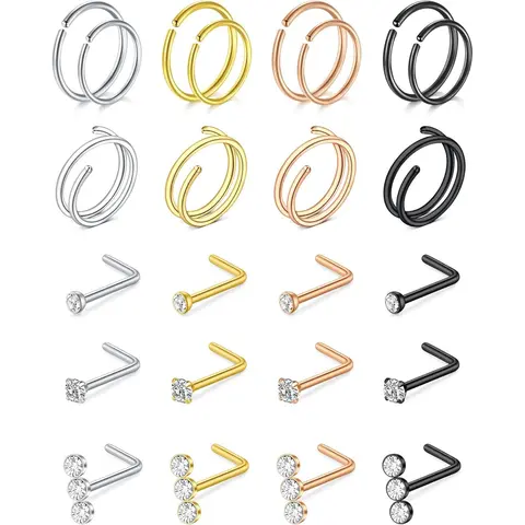 Nose Rings Hoops Nose Ring L Shaped Nose Rings Studs Silver Gold Nose Hoops Nose Piercings Jewelry 20g 22g Nose Screw Studs Surgical Stainless Steel Corkscrew Nose Rings for Women Men