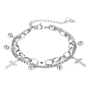 OIDEA Cross Multi-Layer Bracelet for Women, Stainless Steel Charm Beaded Adjustable Chain Wristband, Dainty Jewelry