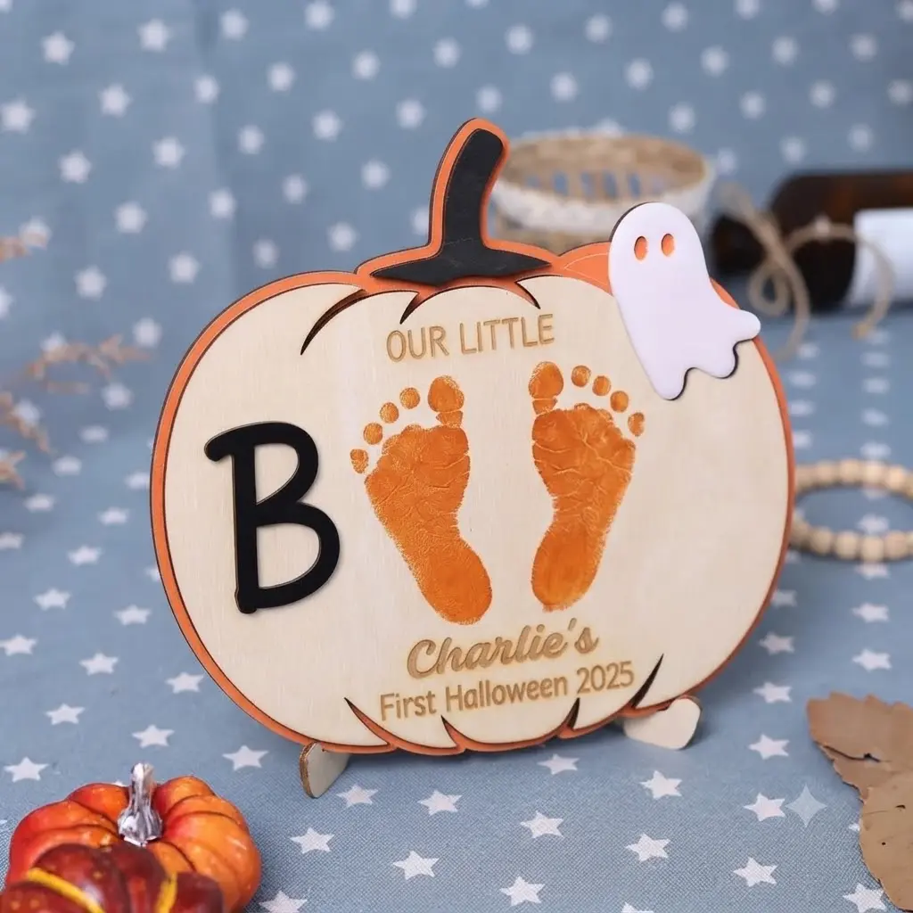 First Halloween Footprint Ghost Keepsake Board - Halloween Decor   2026, Kids Trick-or-Treat Craft (NO PAINT INCLUDED)