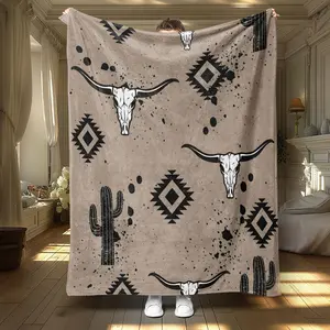 Cactus & Cow Head Pattern Blanket, 1 Count Soft Comfortable Throw, Warm Napping Blanket For Home Office Travel Camping, Blanket Gifts