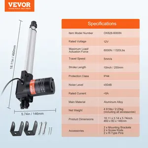 Summervibes VEVOR Linear Actuator 12V, 10 Inch Heavy Duty 1320lbs/6000N Linear Actuator, 0.19/s Linear Motion Actuator with Mounting Bracket IP44 Protection for Electric Door Industrial Machinery Vessels Cargo