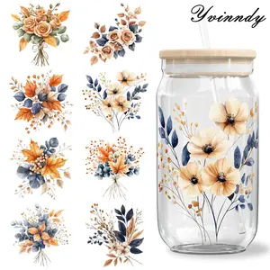5 Pieces Beautiful Autumn Flowers UV DTF Transfer Paper Waterproof And Scratch Resistant Transfer Paper Suitable For 16OZ Cups Bottles Computer & Home Decoration Glitter Sequin Anchor Transfer Paper