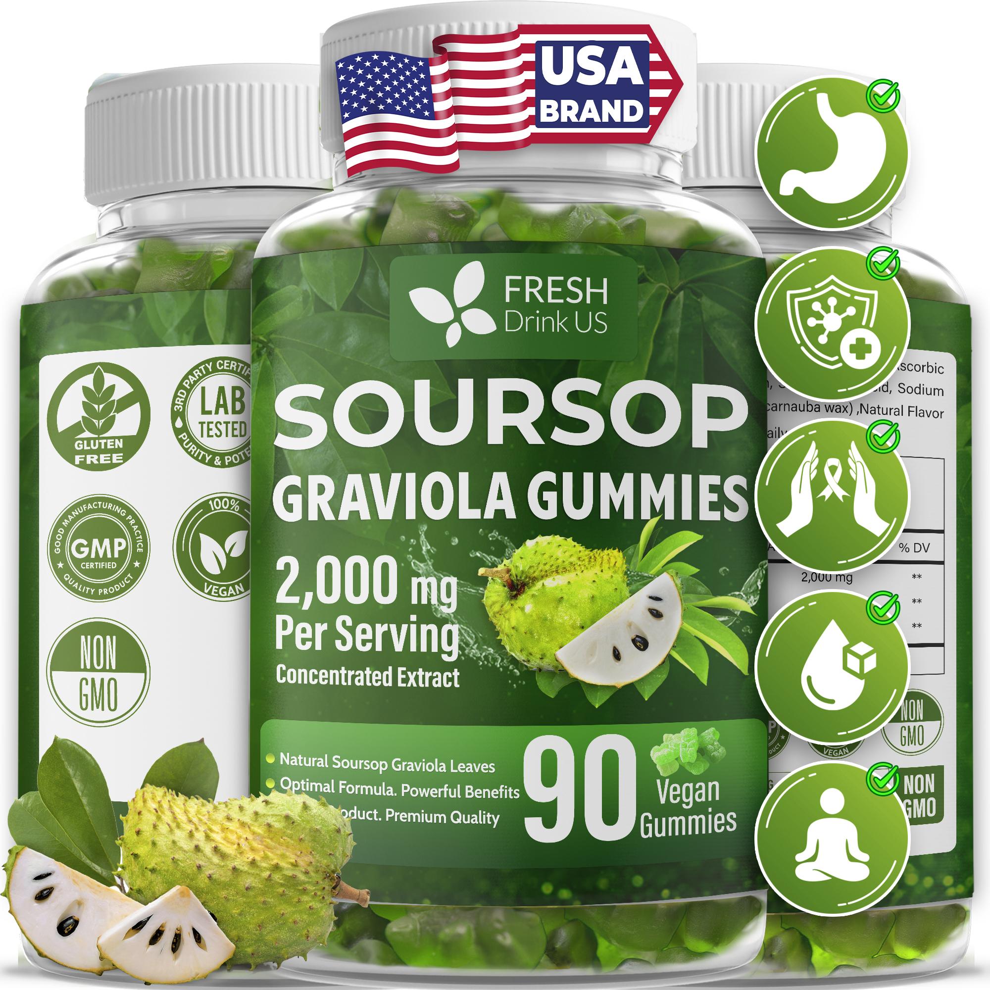 【FreshDrinkUS】 90 Soursop Graviola Gummies, 2,000mg per Serving, 45 Days Supply – 100% from Natural Soursop Graviola Lea