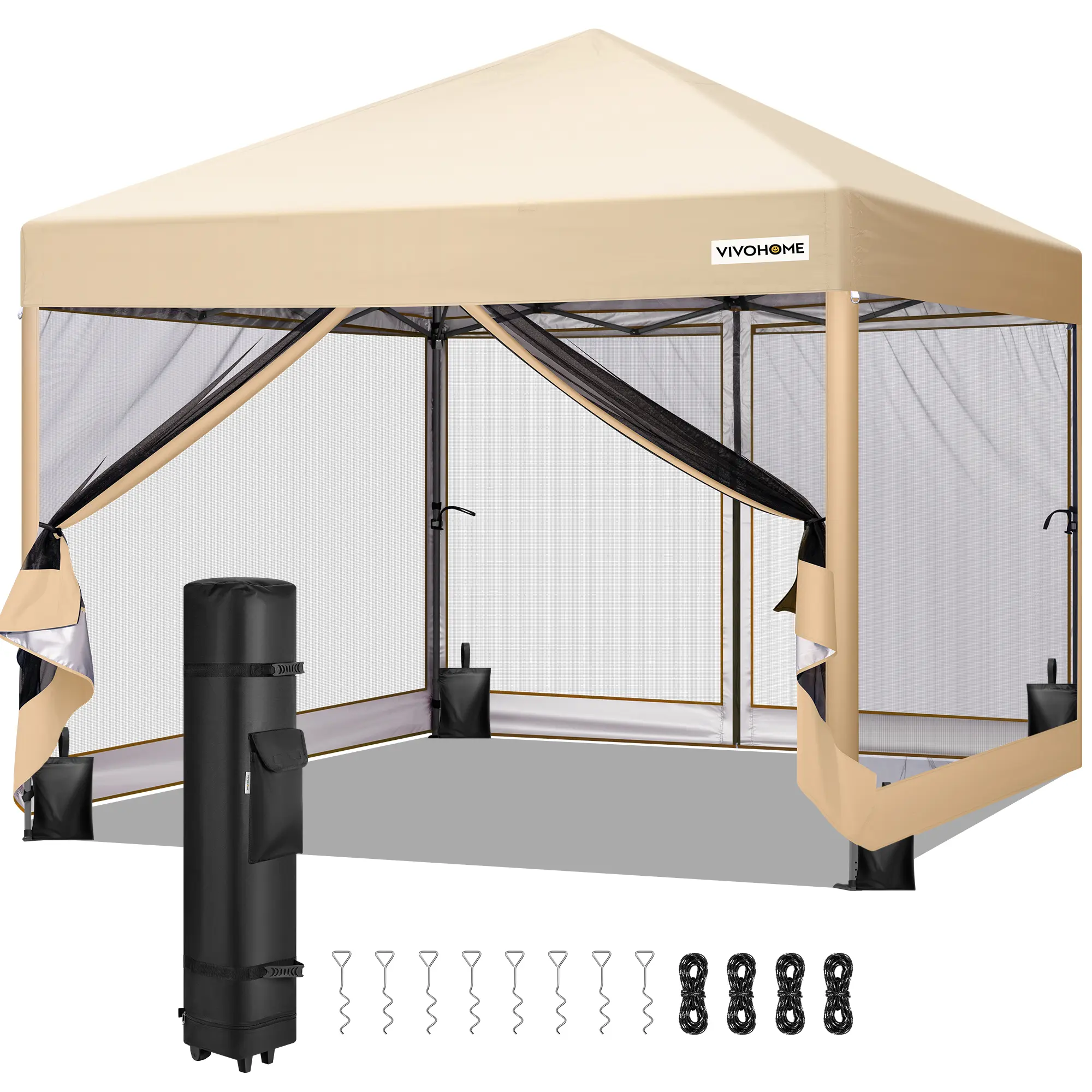 VIVOHOME 8x8FT & 10x10FT Easy Pop-Up Canopy, Outdoor Screen Tent with Mosquito Netting, 2 Zipper Doors, and Roller Bag for Yard Camping Picnic Party Events