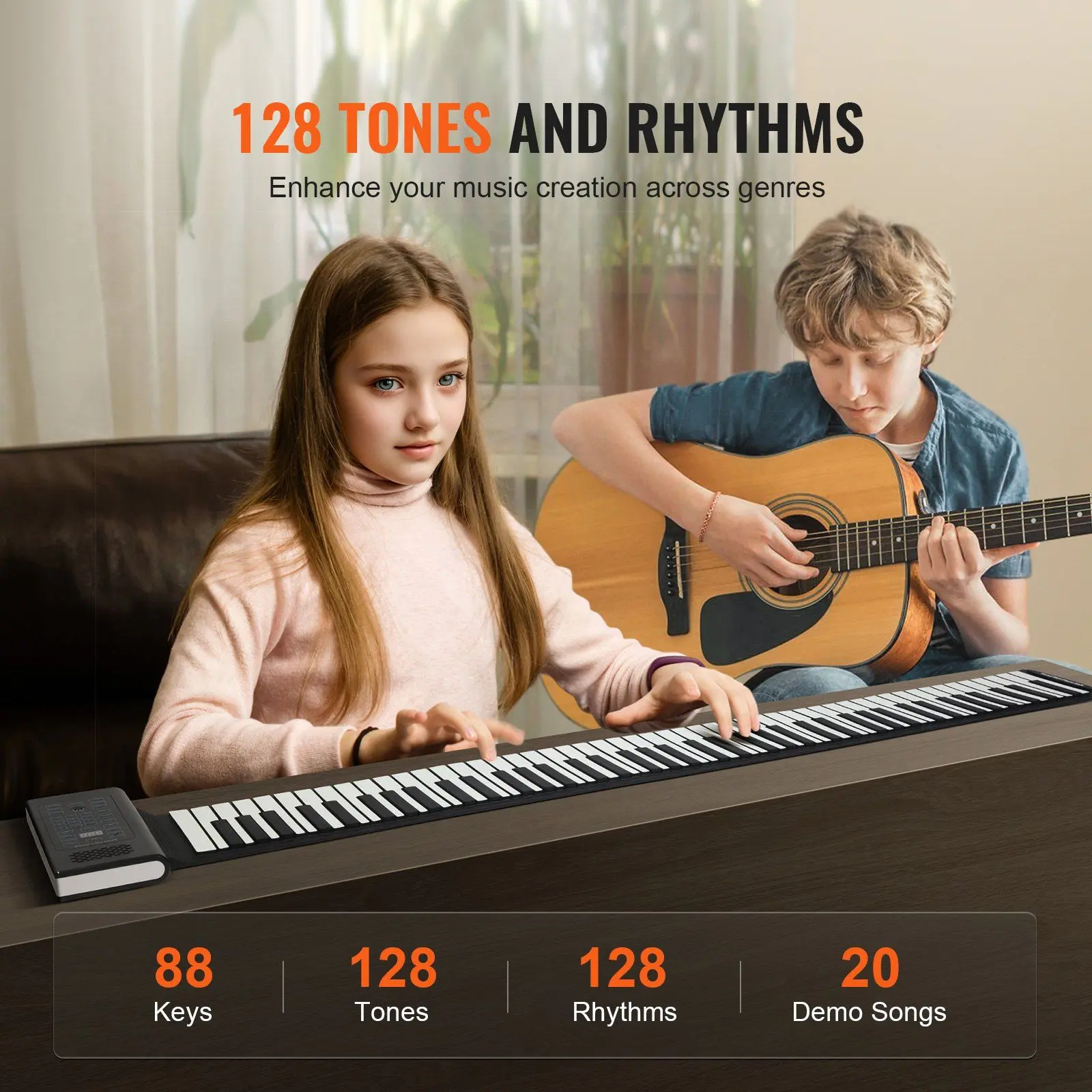 VEVOR 88-Key Unisex Roll Up Piano, Black and White Silicone Keys, Portable Hand Roll Design, 128 Rhythms & Tones, Rechargeable Lithium Ion Battery, 2W Speaker, 5 Ports, Teaching Functions, Father's Day Gift for Home Practice, Thick Silicone
