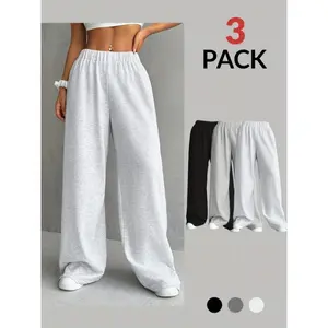 3-Pack Elegant Women's Casual Wide Leg Sweatpants, Polyester Knit Sweatpants For Fall And Winter, Solid Color, Adult Fit