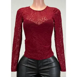 EDEN BURGUNDY LEAVES DETAIL MESH LONG SLEEVE TOP
