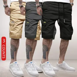 Men’s 3-piece casual cargo shorts set featuring a relaxed fit, practical pockets, an elastic drawstring waist, and durable fabric—ideal for summer outdoor leisure and walking.