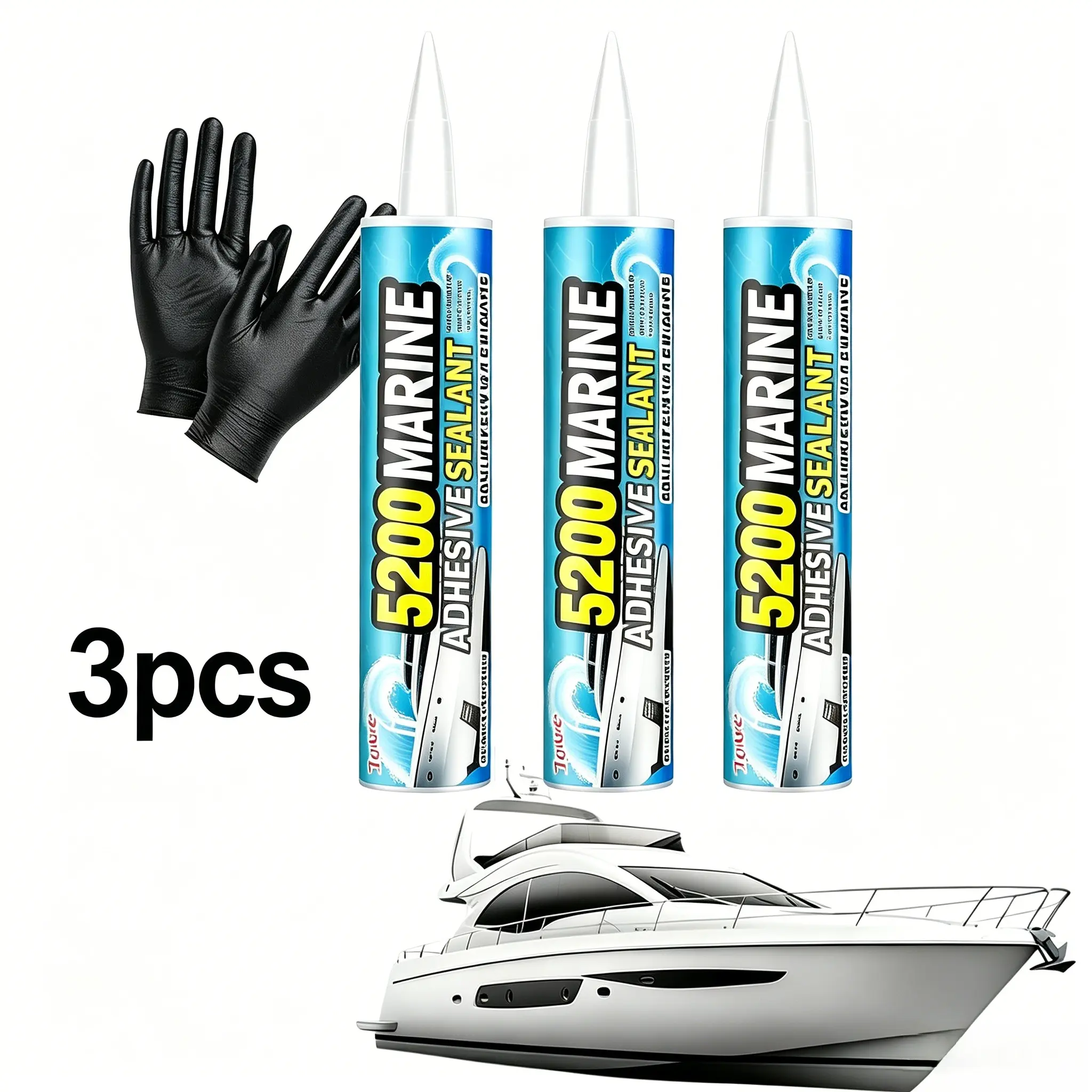 5200 Marine Grade Sealant 3 Pack, 30-Min Fast Cure Waterproof UV Resistant Strong Adhesive Low Odor Caulk, Multi-Purpose for Boat RV Hull Deck Fiberglass Wood Metal, Extra Nozzles & Protective Gloves Included, 30-Min Cure