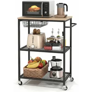 Kitchen Utility Cart, 3 Tier Rolling Storage Cart with Push Handle & 2 Lockable Wheels, Vintage Microwave Kitchen Carts for Kitchen Island, Restaurant, Coffee Bar, Living Room, Office
