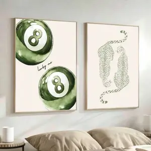 Two-Piece Frameless Billiard & Leopard Wall Art Decor, Holiday Party Decoration, Canvas Print, Fashion Style, Home Decor, Modern Home Decor