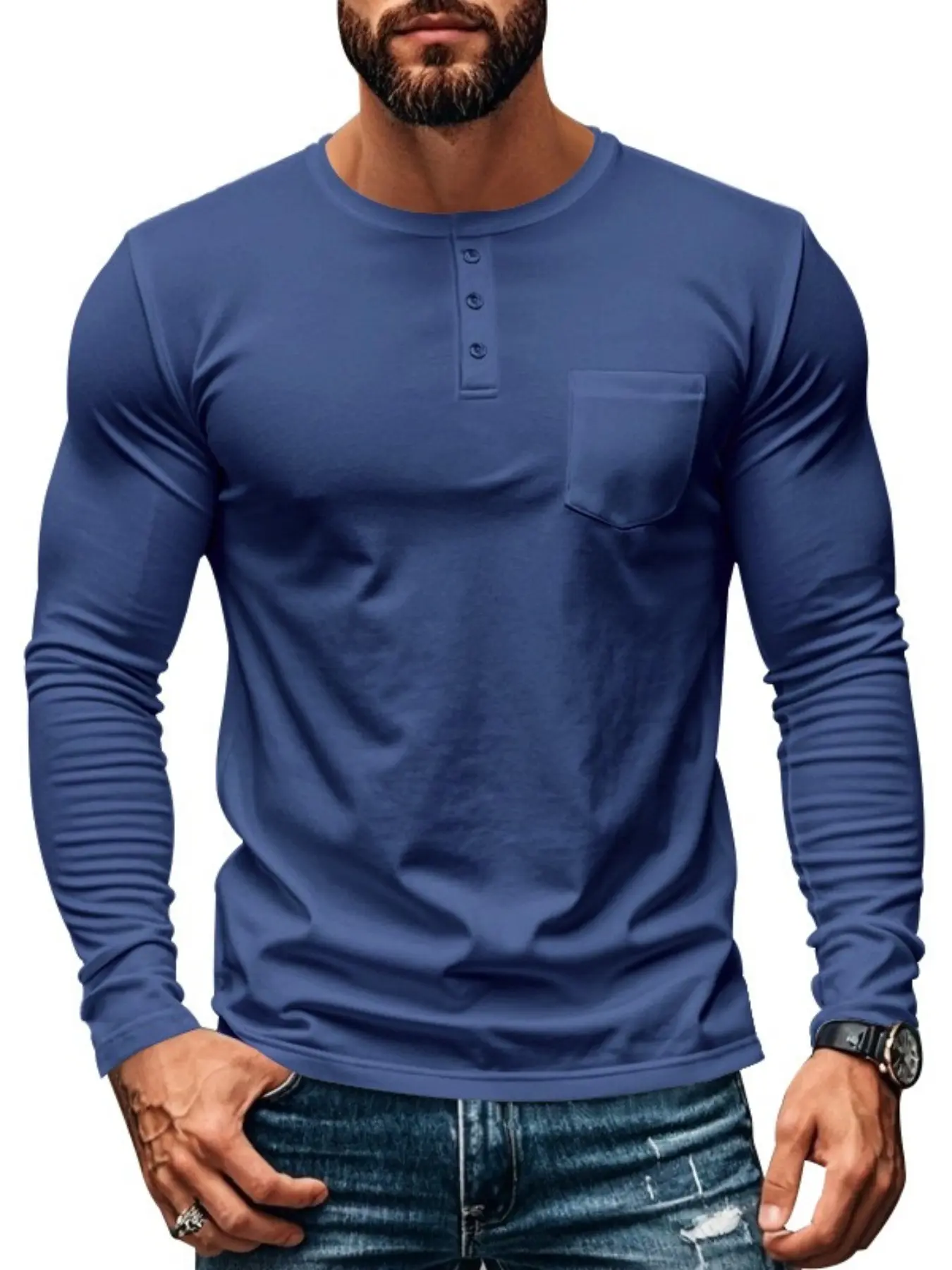 Men's simple solid-color long-sleeved T-shirt, Menswear regular style casual classic breathable Fabric round-neck spring and autumn style, men's daily wear top matching, essential wardrobe outfit for men