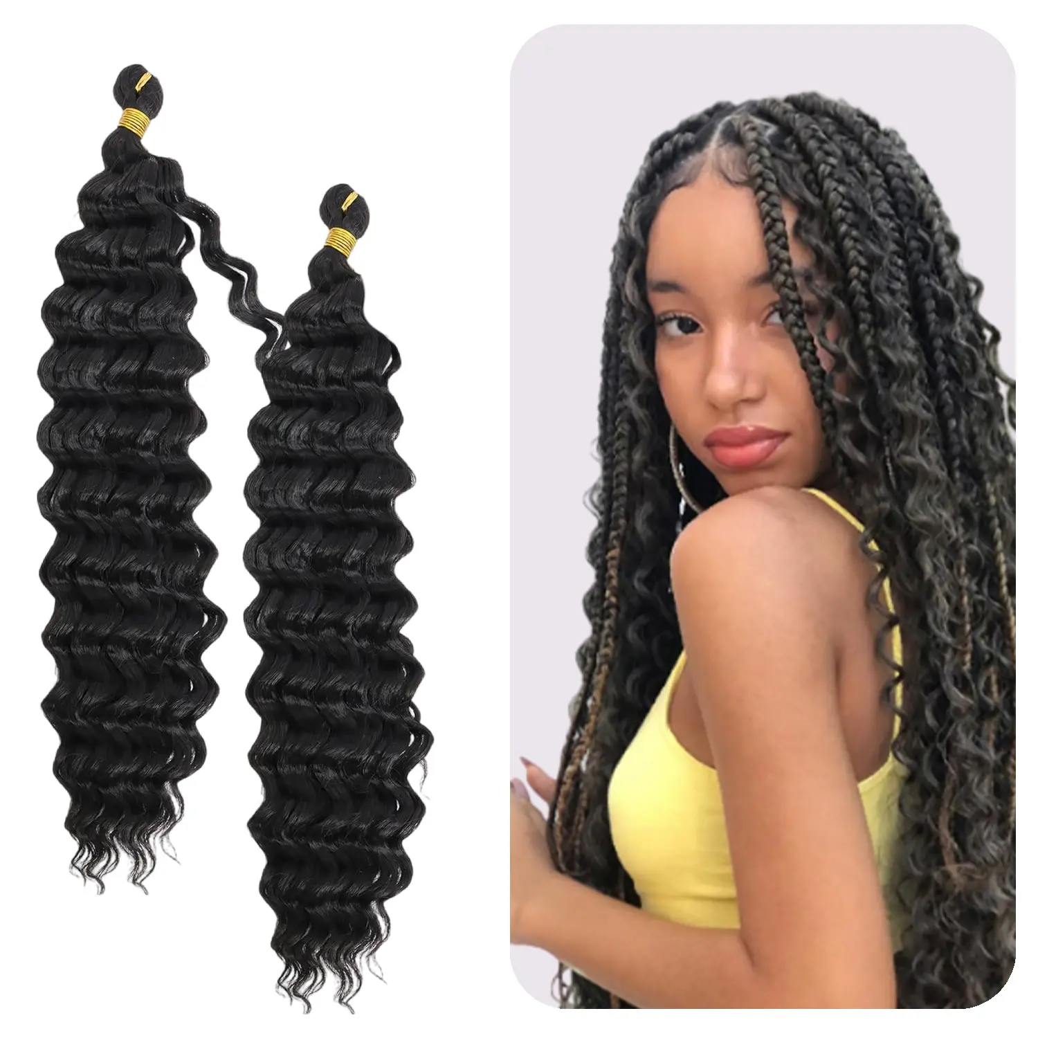 18 Inch 2 Packs Long Curly Braiding Hair, Ocean Wave Deep Wave Crochet Hair for Black Women, Boho Braids Hair Extensions (18 inch, 1B)