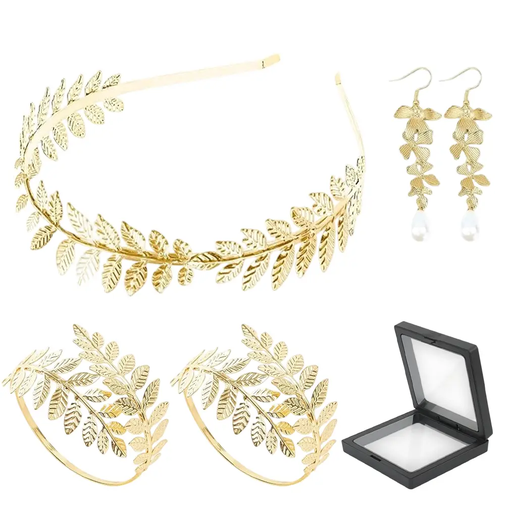 6-Piece Greek Goddess Costume Accessories Set - Golden Leaf Crown Headband, 2 Coil Upper Armband Bracelets, 2 Dangle Earrings, Storage Box for Bridal Toga Events
