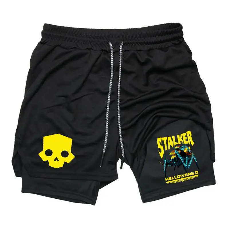 Helldivers 2 Stalker Graphic Drawstring Activewear Sweat Shorts - Unisex Athleisure Street Shorts with Breathable Lightweight Quick-Dry Fabric, Adjustable Waist for Men, Guys Gifts
