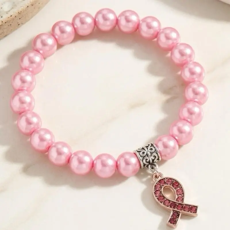 Breast Cancer Awareness Pink Pearl Beaded Stretch Bracelet with Rhinestone Pink Ribbon Hope Charm for Women