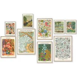 Set of 9 Vintage Eclectic Wall Art Prints-Abstract Wall Decor with Styles of Matisse, William Morris, Van Gogh, Monet - Trendy Maximalism Posters for Aesthetic