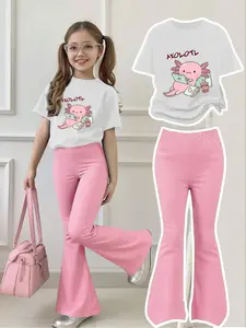 Girls' Casual Cartoon Short Sleeve & Bell Bottom Set, Cute Axolotl Print, Fitted Round Neck, All Seasons, Comfortable Outdoor Wear, Children