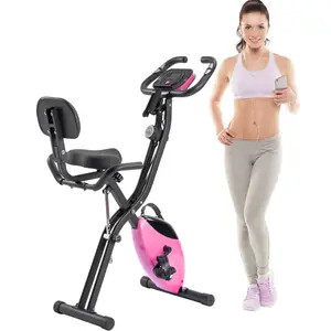 [Bellemave] Pink Folding Exercise Bike, 350LB Capacity, 16-Level Adjustable Resistance with Arm Bands, Backrest, and Phone/Tablet Holder