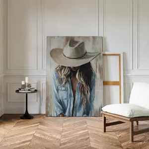 Rustic Neutral Painting for Farmhouse Or Country Decor, Cowgirl Wall Art – Western Woman in Hat And Denim Shirt with Blonde Hair