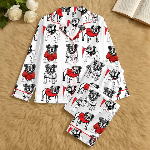 Women's Bulldog Print Satin Pajama Set - Soft Polyester Elegant Luxury Sleepwear with Glossy Fabric, Elastic Waist for Everyday Use, Breathable