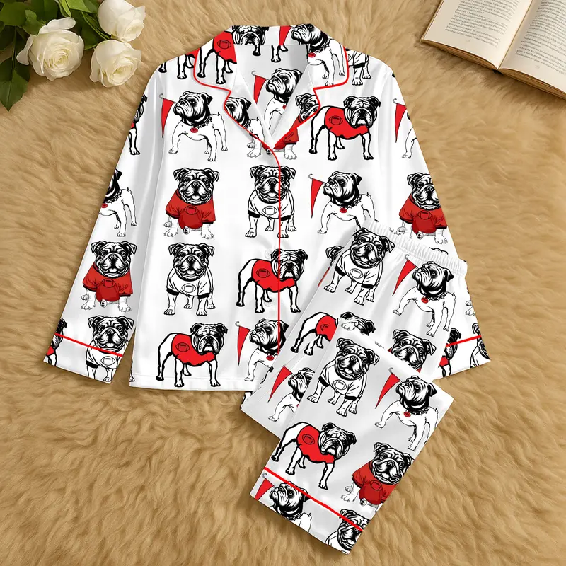 Women's Bulldog Print Satin Pajama Set - Soft Polyester Elegant Luxury Sleepwear with Glossy Fabric, Elastic Waist for Everyday Use, Breathable