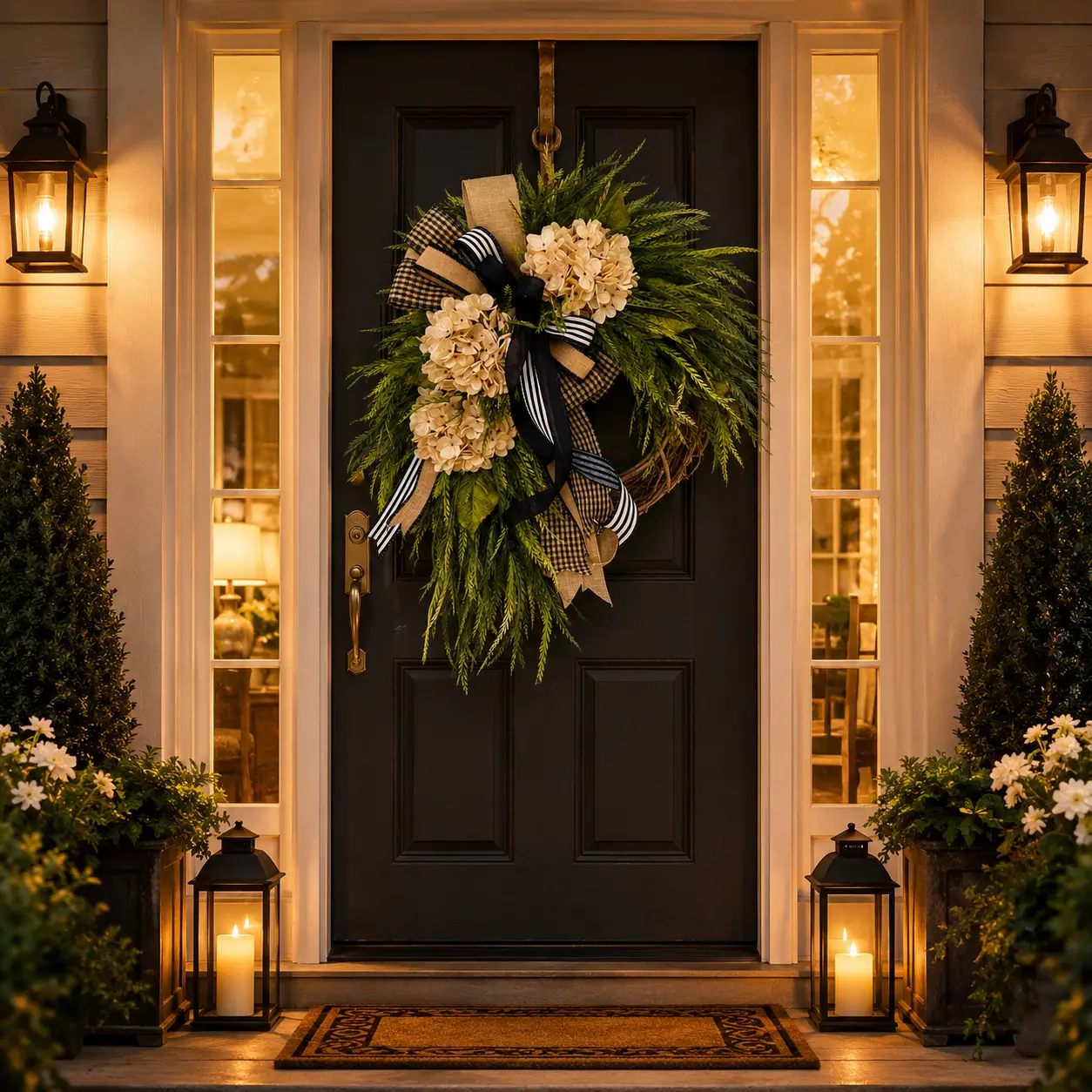 Farmhouse Cream Hydrangea Wreath for Front Door Spring Summer Greenery Wreath with Black White Buffalo Plaid Striped Ribbon Bow Artificial Flower Wreath Indoor Outdoor Porch Wall Hanging Floral Home Decor Gifts Every Season Everyday Decoration Accent