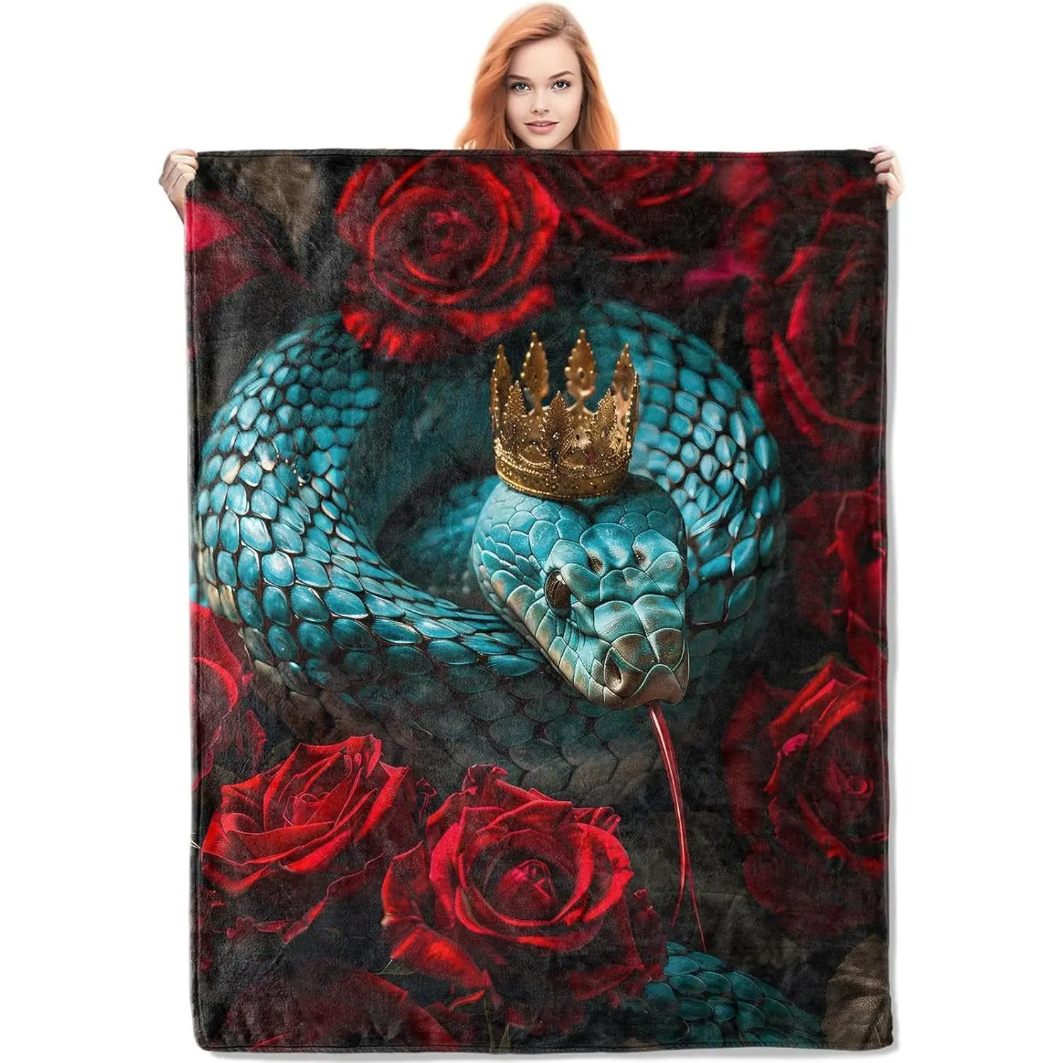 Enchanted Crown Snake Print Flannel Throw Blanket - 50x60in (152cm×127cm), Modern, Breathable, Cooling, Durable, Anti-Pilling, Lightweight, Fade Resistant Bedding for Women - Indoor/Outdoor Family Camping Gift